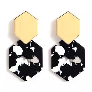 Gold Tone Black White Marble Geometric Acrylic Earrings NWT